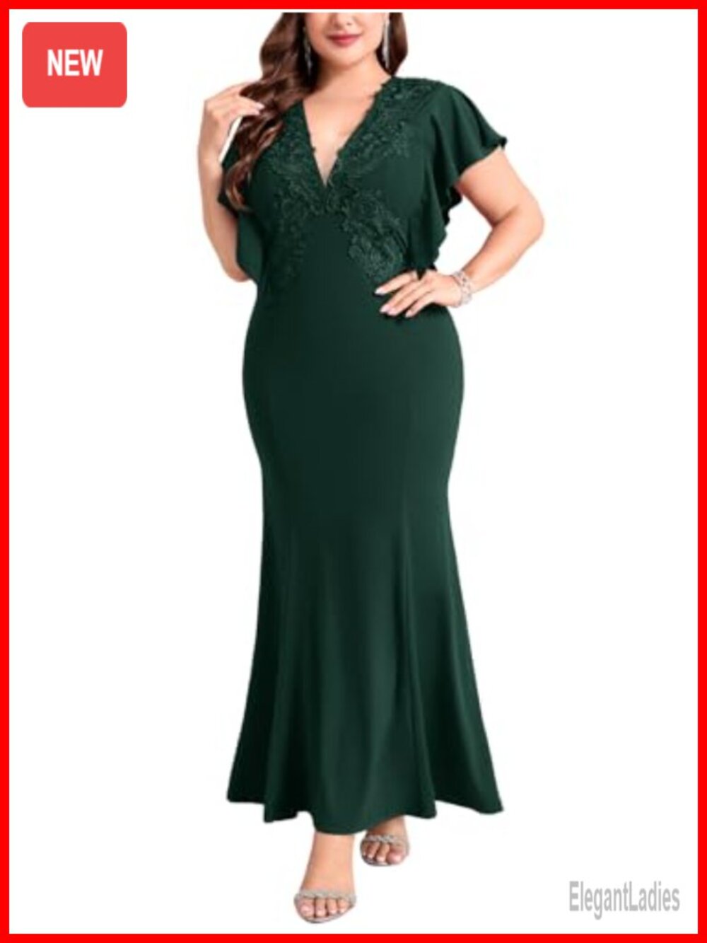 Plus Size Deep V Neck Mermaid Maxi Dress Lace Applique Ruffle Sleeve Bodycon